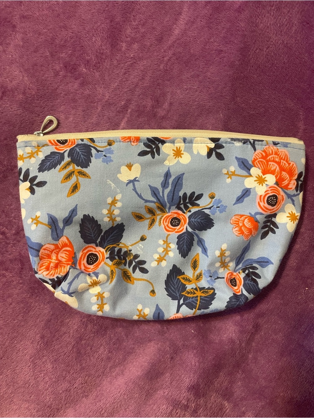 Blue Floral Canvas Cosmetic Pouch with Orange Flower Accents
